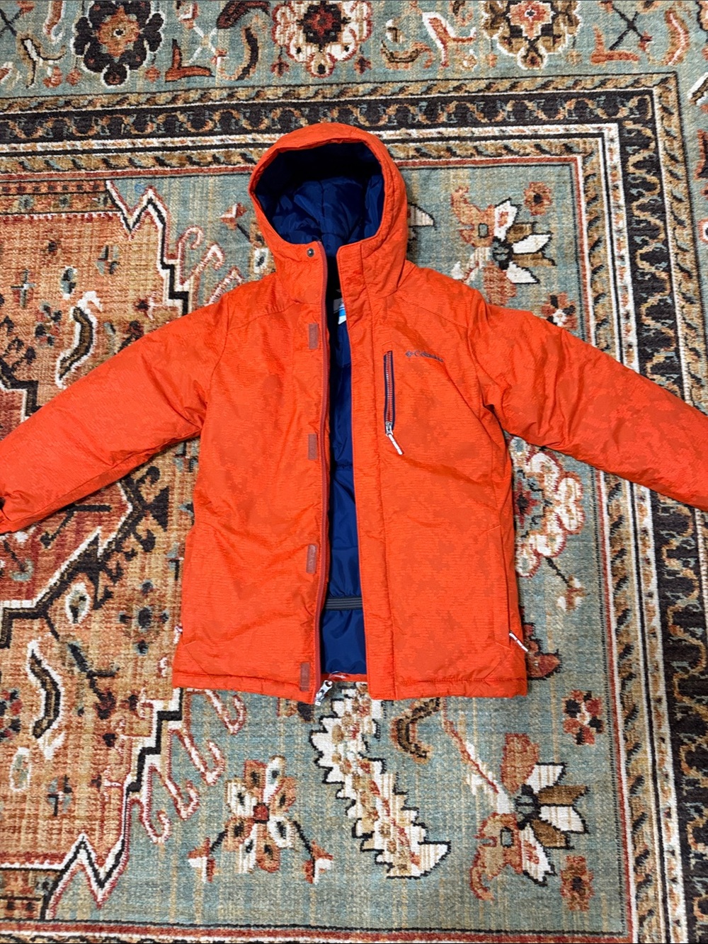 Columbia Kids Orange Hooded Puffer heavy Jacket with Navy Lining